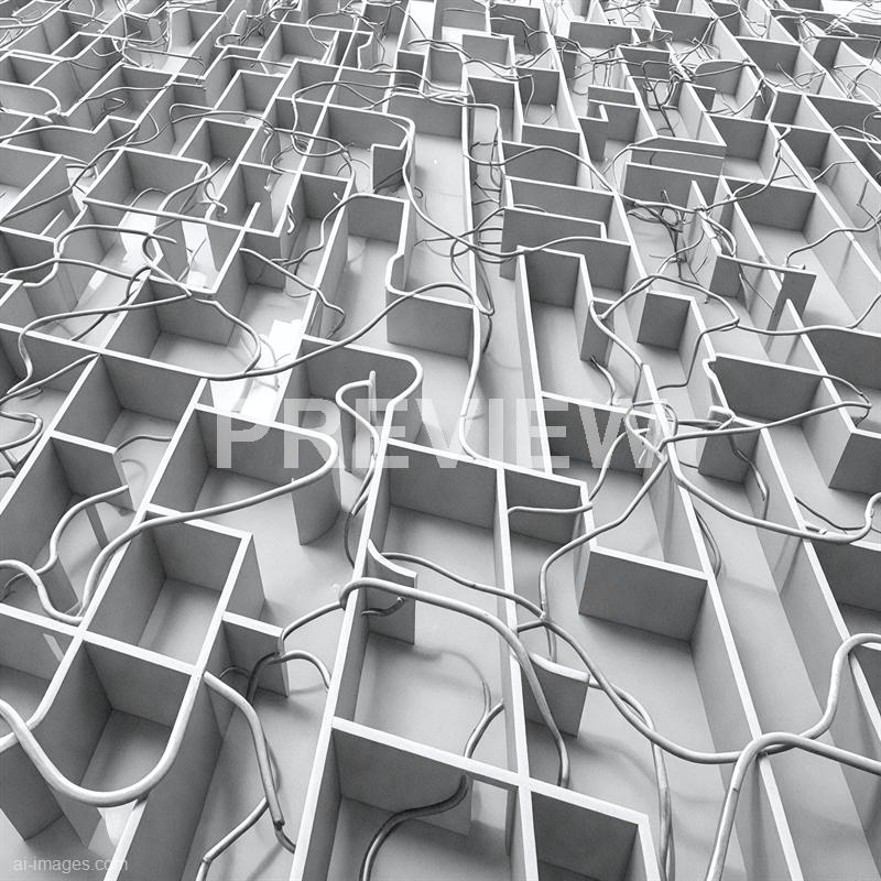 The image features a geometric structure composed of multiple small, rectangular compartments arranged in a grid-like pattern. Thin, winding wires are draped over and through the compartments, creating a complex network across the surface. The entire scene is rendered in shades of gray, giving it a monochromatic and modern aesthetic.